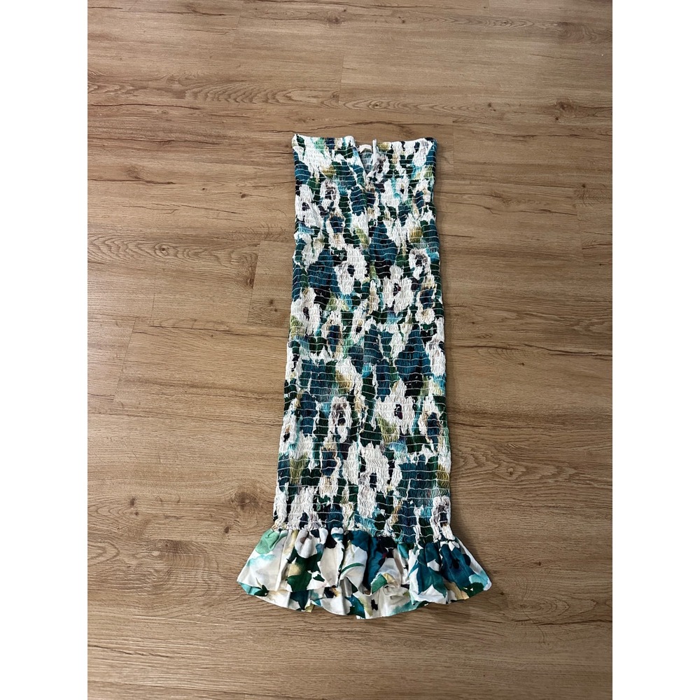 Sun Becomes Her Smocked Floral Midi Dress Size 6 Strapless Ruffle Hem